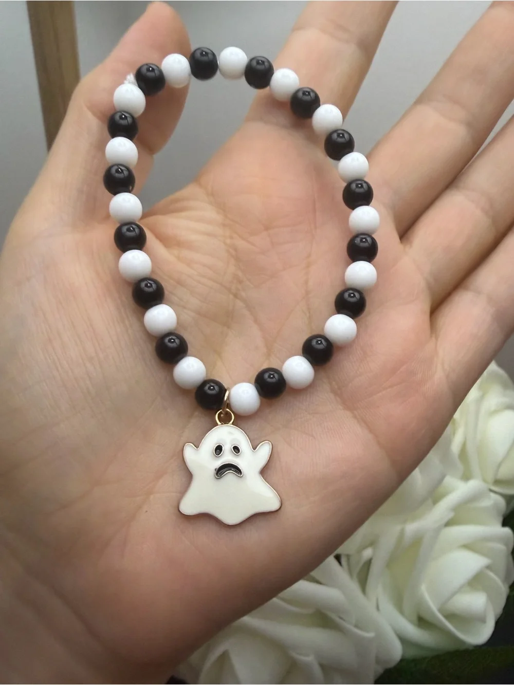 Black & White Beaded Bracelet with Ghost Charm